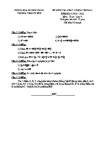 Đề kiểm tra chất lượng tháng 01 môn Toán Lớp 6, 7, 8, 9 - Năm học 2010-2011 - Trường THCS Vũ Hữu