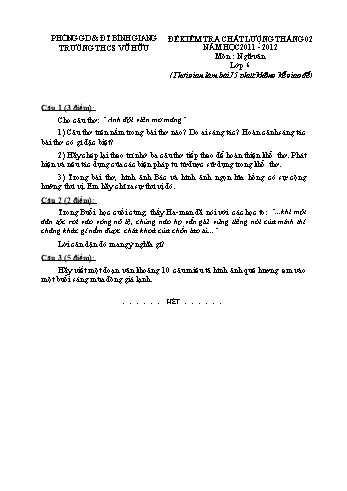 Đề kiểm tra chất lượng tháng 02 môn Ngữ văn Lớp 6, 7, 8, 9 - Năm học 2011-2012 - Trường THCS Vũ Hữu