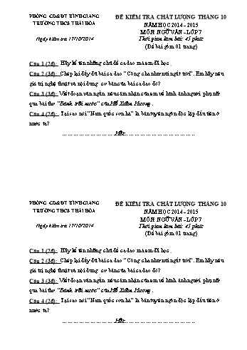 Đề kiểm tra chất lượng tháng 10 môn Ngữ văn Lớp 7, 9 - Năm học 2014-2015 - Trường THCS Thái Hòa (Có đáp án)