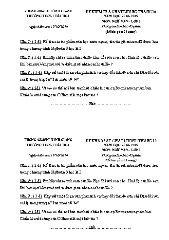 Đề kiểm tra chất lượng tháng 10 môn Ngữ văn Lớp 9 - Năm học 2014-2015 - Trường THCS Thái Hòa (Có đáp án)