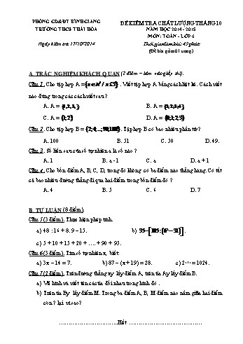 Đề kiểm tra chất lượng tháng 10 môn Toán Lớp 6 - Năm học 2014-2015 - Trường THCS Thái Hòa (Có đáp án)