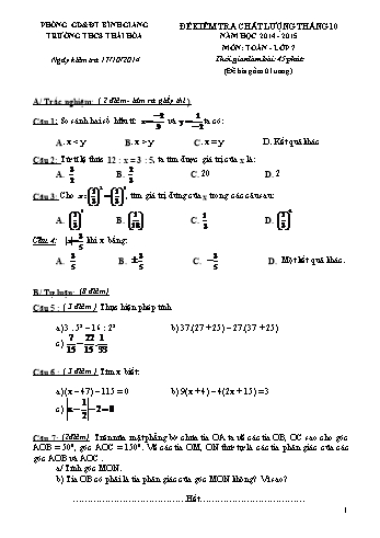 Đề kiểm tra chất lượng tháng 10 môn Toán Lớp 7 - Năm học 2014-2015 - Trường THCS Thái Hòa (Có đáp án)