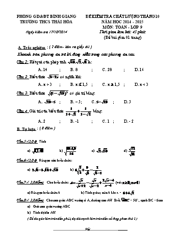 Đề kiểm tra chất lượng tháng 10 môn Toán Lớp 9 - Năm học 2014-2015 - Trường THCS Thái Hòa (Có đáp án)