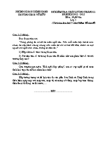 Đề kiểm tra chất lượng tháng 11 môn Ngữ văn Lớp 6, 7, 8, 9 - Năm học 2011-2012 - Trường THCS Vũ Hữu (Có đáp án)
