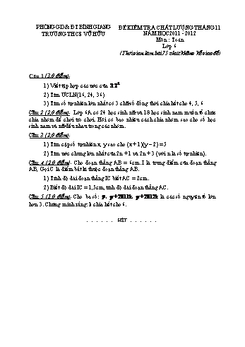 Đề kiểm tra chất lượng tháng 11 môn Toán Lớp 6, 7, 8, 9 - Năm học 2011-2012 - Trường THCS Vũ Hữu
