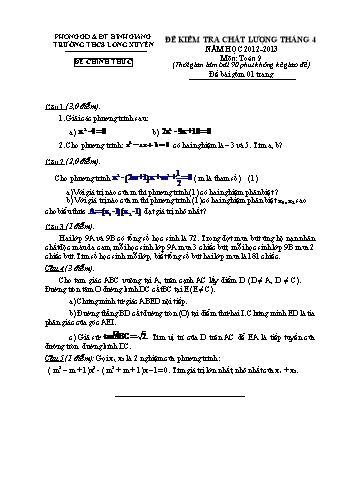 Đề kiểm tra chất lượng tháng 4 môn Toán Lớp 9 - Năm học 2012-2013 - Trường THCS Long Xuyên (Có đáp án)