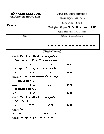 Đề kiểm tra cuối học kì II môn Toán, Tiếng Việt Lớp 1 - Năm học 2019-2020 - Trường Tiểu học Tráng Liệt (Có đáp án)