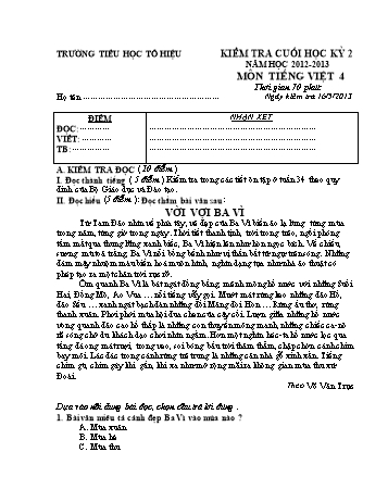 Đề kiểm tra cuối học kỳ 2 môn Tiếng Việt Lớp 4 - Năm học 2012-2013 - Trường Tiểu học Tô Hiệu (Có đáp án)