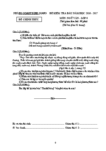 Đề kiểm tra đầu môn Ngữ văn Lớp 6 - Năm học 2016-2017 - Phòng GD&ĐT Bình Giang (Kèm hướng dẫn chấm)