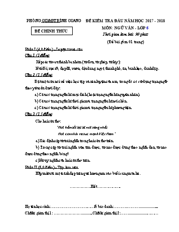Đề kiểm tra đầu môn Ngữ văn Lớp 6 - Năm học 2017-2018 - Phòng GD&ĐT Bình Giang (Có đáp án)