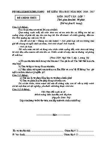 Đề kiểm tra đầu môn Ngữ văn Lớp 7 - Năm học 2016-2017 - Phòng GD&ĐT Bình Giang (Kèm hướng dẫn chấm)