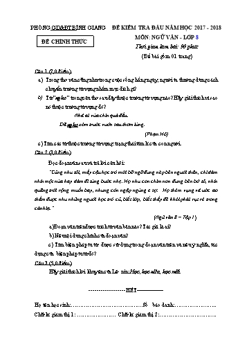 Đề kiểm tra đầu môn Ngữ văn Lớp 8 - Năm học 2017-2018 - Phòng GD&ĐT Bình Giang (Có đáp án)