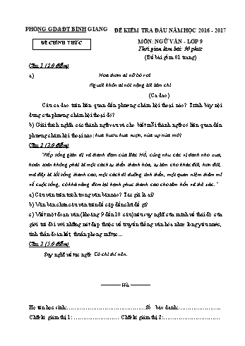 Đề kiểm tra đầu môn Ngữ văn Lớp 9 - Năm học 2016-2017 - Phòng GD&ĐT Bình Giang (Kèm hướng dẫn chấm)