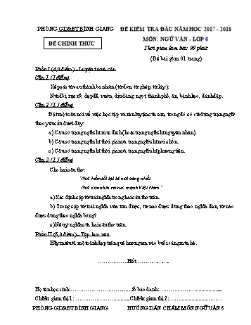 Đề kiểm tra đầu năm môn Ngữ văn Lớp 6 - Năm học 2017-2018 - Phòng GD&ĐT Bình Giang (Có đáp án)