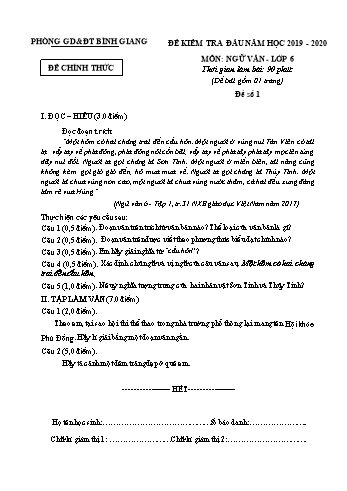 Đề kiểm tra đầu năm môn Ngữ văn Lớp 6 - Năm học 2019-2020 - Phòng GD&ĐT Bình Giang (Kèm hướng dẫn chấm)