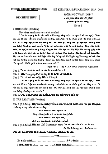 Đề kiểm tra đầu năm môn Ngữ văn Lớp 7 - Năm học 2019-2020 - Phòng GD&ĐT Bình Giang (Kèm hướng dẫn chấm)