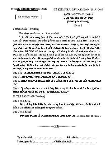 Đề kiểm tra đầu năm môn Ngữ văn Lớp 9 - Năm học 2019-2020 - Phòng GD&ĐT Bình Giang (Kèm hướng dẫn chấm)