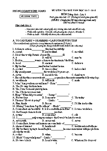 Đề kiểm tra đầu năm môn Tiếng Anh 9 - Năm học 2017-2018 - Phòng GD&ĐT Bình Giang