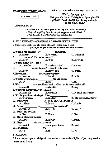Đề kiểm tra đầu năm môn Tiếng Anh Lớp 6 - Năm học 2017-2018 - Phòng GD&ĐT Bình Giang - Đề số 1
