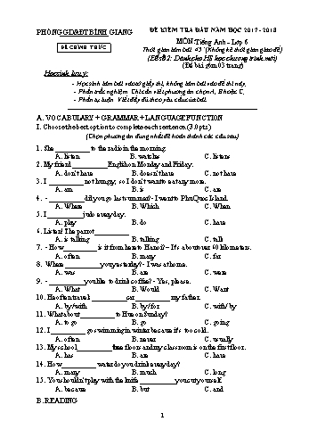 Đề kiểm tra đầu năm môn Tiếng Anh Lớp 6 - Năm học 2017-2018 - Phòng GD&ĐT Bình Giang - Đề số 2