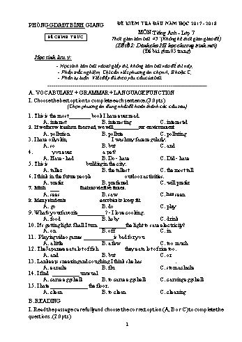Đề kiểm tra đầu năm môn Tiếng Anh Lớp 7 - Năm học 2017-2018 - Phòng GD&ĐT Bình Giang - Đề số 2