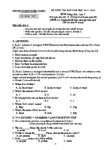 Đề kiểm tra đầu năm môn Tiếng Anh Lớp 7 - Năm học 2019-2020 - Phòng GD&ĐT Bình Giang - Mã đề số 2.2 (Kèm hướng dẫn chấm)