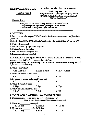 Đề kiểm tra đầu năm môn Tiếng Anh Lớp 7 - Năm học 2019-2020 - Phòng GD&ĐT Bình Giang - Mã đề số 1.2 (Kèm hướng dẫn chấm)