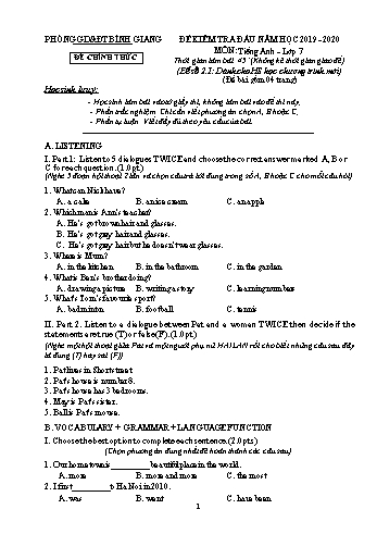 Đề kiểm tra đầu năm môn Tiếng Anh Lớp 7 - Năm học 2019-2020 - Phòng GD&ĐT Bình Giang - Mã đề số 2.1 (Kèm hướng dẫn chấm)