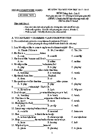Đề kiểm tra đầu năm môn Tiếng Anh Lớp 8 - Năm học 2017-2018 - Phòng GD&ĐT Bình Giang (Có đáp án)