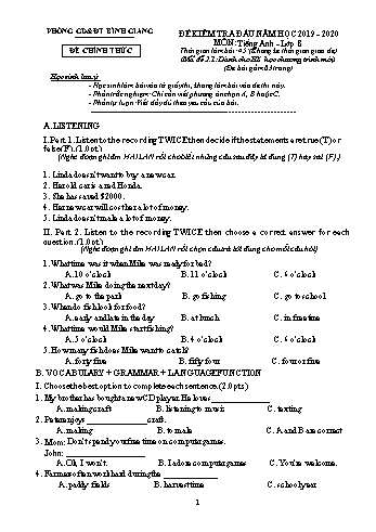 Đề kiểm tra đầu năm môn Tiếng Anh Lớp 8 - Năm học 2019-2020 - Phòng GD&ĐT Bình Giang - Mã đề số 2.1 (Kèm hướng dẫn chấm)