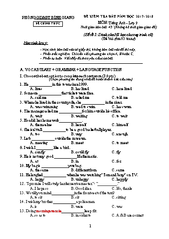 Đề kiểm tra đầu năm môn Tiếng Anh Lớp 9 - Năm học 2017-2018 - Phòng GD&ĐT Bình Giang