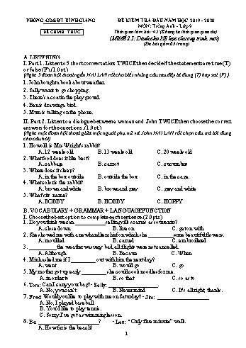 Đề kiểm tra đầu năm môn Tiếng Anh Lớp 9 - Năm học 2019-2020 - Phòng GD&ĐT Bình Giang - Mã đề số 2.1 (Kèm hướng dẫn chấm)