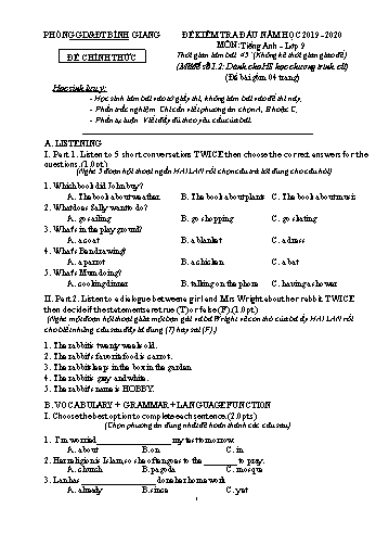 Đề kiểm tra đầu năm môn Tiếng Anh Lớp 9 - Năm học 2019-2020 - Phòng GD&ĐT Bình Giang - Mã đề số 1.2 (Kèm hướng dẫn chấm)