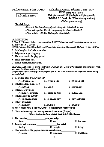 Đề kiểm tra đầu năm môn Tiếng Anh Lớp 9 - Năm học 2019-2020 - Phòng GD&ĐT Bình Giang - Mã đề số 1.1 (Kèm hướng dẫn chấm)