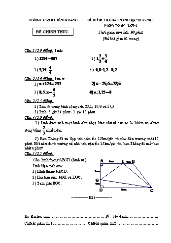 Đề kiểm tra đầu năm môn Toán Lớp 6 - Năm học 2017-2018 - Phòng GD&ĐT Bình Giang (Có đáp án)