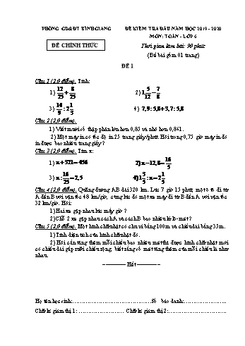 Đề kiểm tra đầu năm môn Toán Lớp 6 - Năm học 2019-2020 - Phòng GD&ĐT Bình Giang - Đề 1 (Có đáp án)