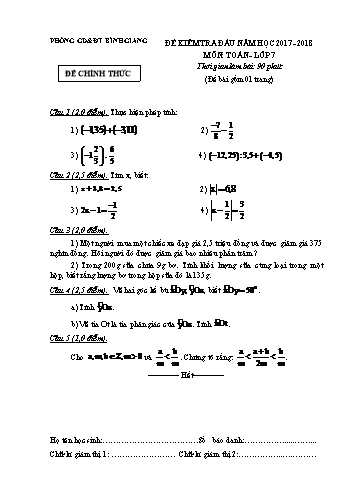 Đề kiểm tra đầu năm môn Toán Lớp 7 - Năm học 2017-2018 - Phòng GD&ĐT Bình Giang (Có đáp án)