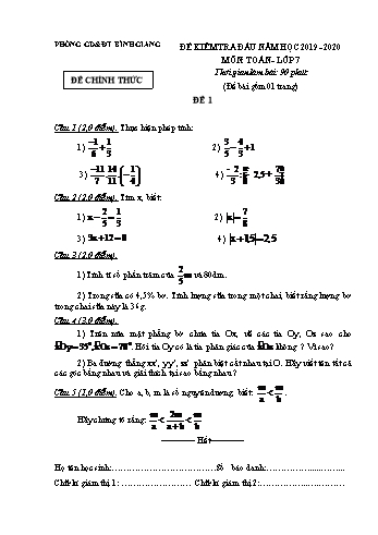 Đề kiểm tra đầu năm môn Toán Lớp 7 - Năm học 2019-2020 - Phòng GD&ĐT Bình Giang - Đề 1 (Có đáp án)