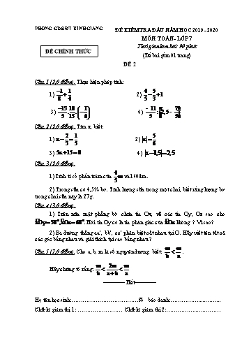 Đề kiểm tra đầu năm môn Toán Lớp 7 - Năm học 2019-2020 - Phòng GD&ĐT Bình Giang - Đề 2 (Có đáp án)