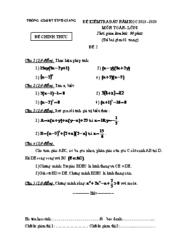 Đề kiểm tra đầu năm môn Toán Lớp 8 - Năm học 2019-2020 - Phòng GD&ĐT Bình Giang - Đề 2 (Có đáp án)