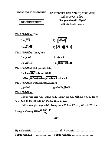 Đề kiểm tra đầu năm môn Toán Lớp 9 - Năm học 2017-2018 - Phòng GD&ĐT Bình Giang (Có đáp án)