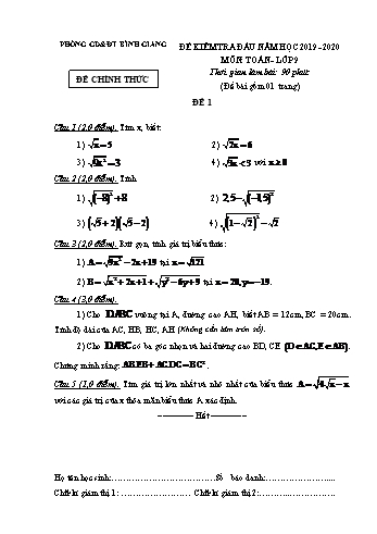 Đề kiểm tra đầu năm môn Toán Lớp 9 - Năm học 2019-2020 - Phòng GD&ĐT Bình Giang - Đề 1 (Có đáp án)