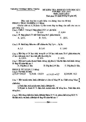 Đề kiểm tra định kì cuối học kì I môn Toán Lớp 5 - Năm học 2015-2016 - Trường Tiểu học Hùng Thắng