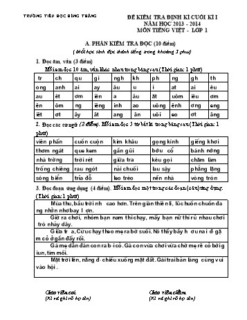 Đề kiểm tra định kì cuối kì I môn Tiếng Việt Lớp 1 - Năm học 2013-2014 - Trường Tiểu học Hùng Thắng (Có đáp án)