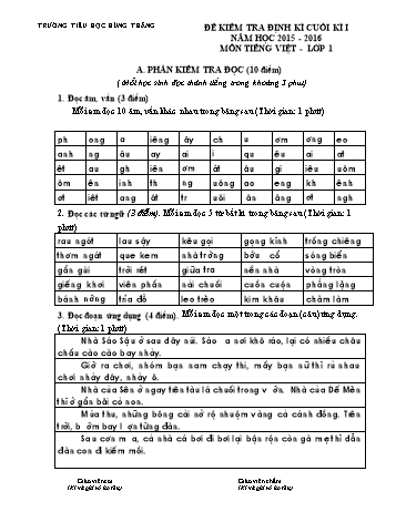 Đề kiểm tra định kì cuối kì I môn Tiếng Việt Lớp 1 - Năm học 2015-2016 - Trường Tiểu học Hùng Thắng (Có đáp án)