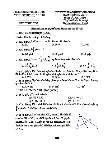 Đề kiểm tra định kì cuối năm môn Toán Lớp 5 - Năm học 2014-2015 - Trường Tiểu học Cổ Bì (Có đáp án)