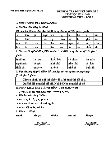 Đề kiểm tra định kì giữa kì I môn Tiếng Việt Lớp 1 - Năm học 2013-2014 - Trường Tiểu học Hùng Thắng (Có đáp án)