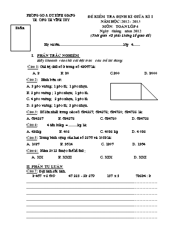 Đề kiểm tra định kì giữa kì I môn Toán Lớp 4 - Năm học 2012-2013 - Trường Tiểu học Vĩnh Tuy (Có đáp án)