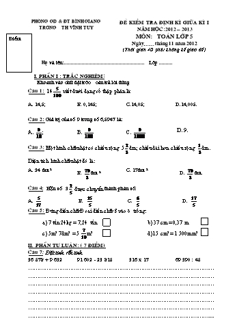 Đề kiểm tra định kì giữa kì I môn Toán Lớp 5 - Năm học 2012-2013 - Trường Tiểu học Vĩnh Tuy (Có đáp án)