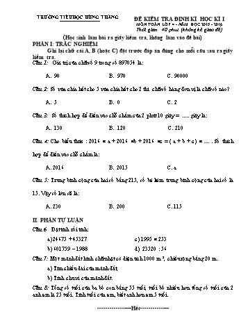 Đề kiểm tra định kì học kì I môn Toán Lớp 4 - Năm học 2015-2016 - Trường Tiểu học Hùng Thắng